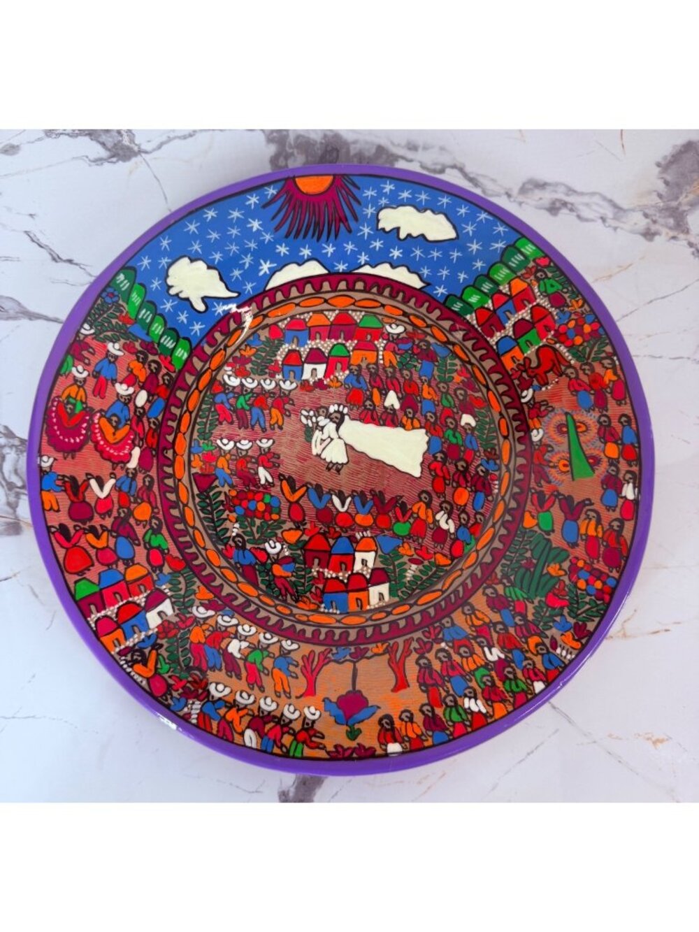 VTG Mexican Folk Art Terracotta Story Plate Hand Painted Wedding Scene 12”